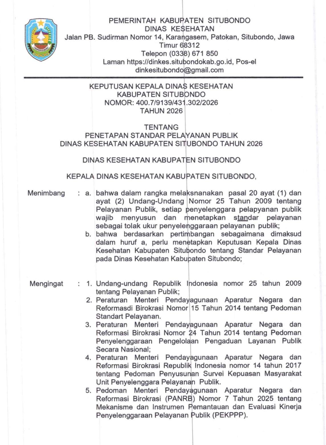 Standar Pelayanan Dinas Kesehatan Kab Situbondo
